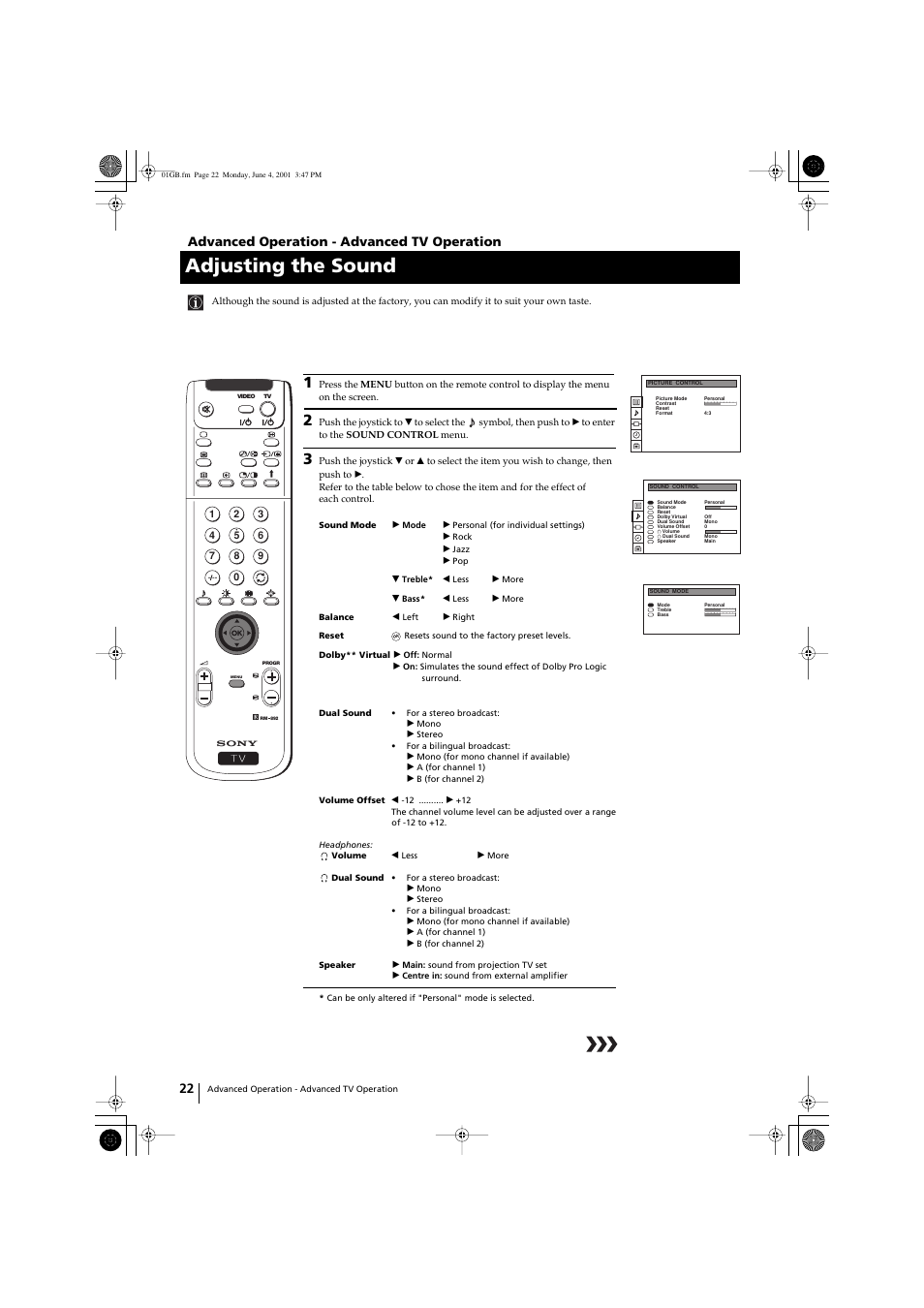 Adjusting the sound, Advanced operation - advanced tv operation | Sony KP-41PX1 User Manual | Page 21 / 224