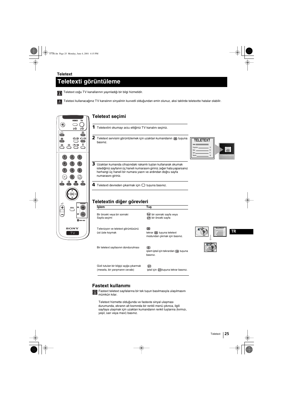 Teleteíti görüntüleme, Teleteít seçimi 1, Teleteítin diqer görevleri | Fasteít kullanwmw, Index, 25 tr teleteít, Teletext | Sony KP-41PX1 User Manual | Page 215 / 224