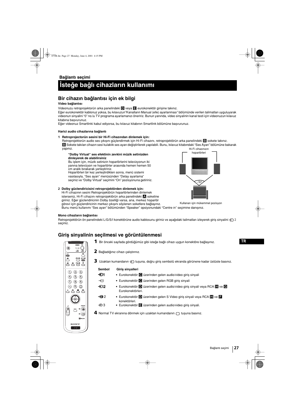 Wsteqe baqlw cihazlarwn kullanwmw, Bir cihazwn baqlantwsw için ek bilgi, Girix sinyalinin seçilmesi ve görüntülenmesi | Sony KP-41PX1 User Manual | Page 217 / 224