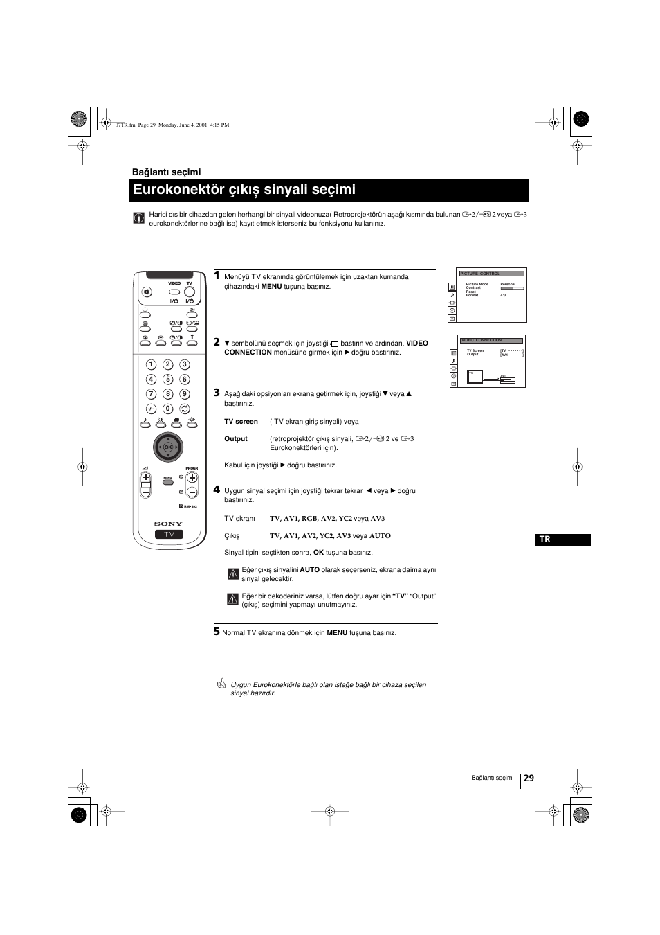 Eurokonektör çwkwx sinyali seçimi, 29 tr, Baqlantw seçimi | Sony KP-41PX1 User Manual | Page 219 / 224
