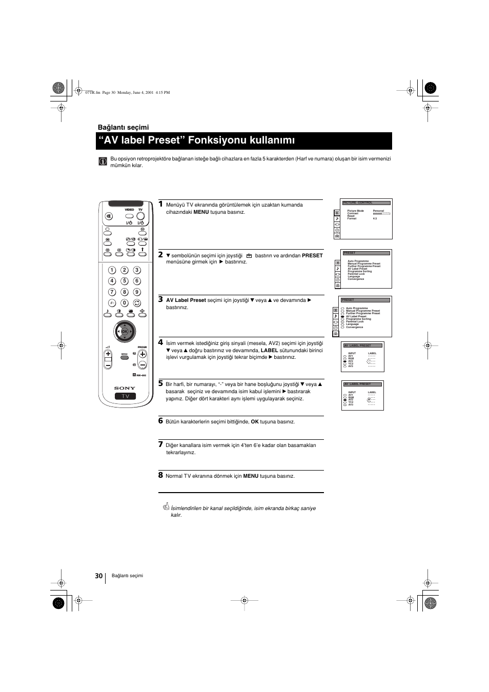 Av label preset” fonksiyonu kullanwmw, Baqlantw seçimi | Sony KP-41PX1 User Manual | Page 220 / 224