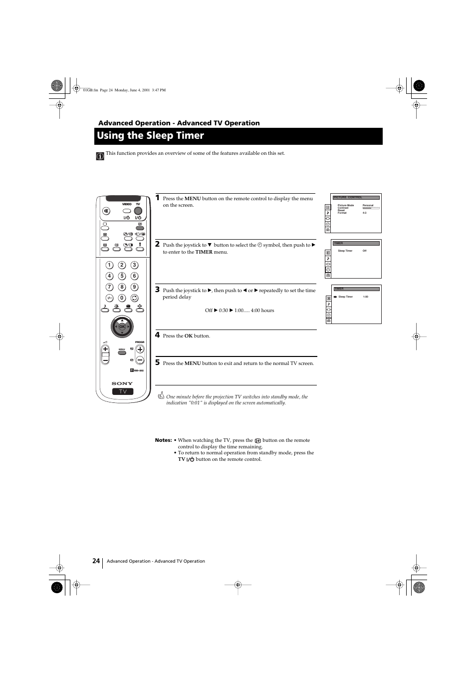 Using the sleep timer, 24 advanced operation - advanced tv operation | Sony KP-41PX1 User Manual | Page 23 / 224