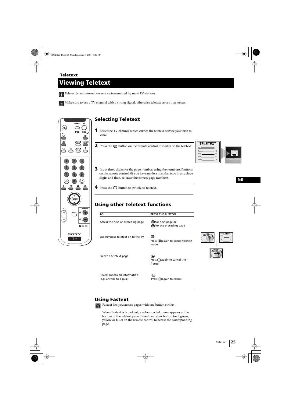 Viewing teletext, Selecting teletext 1, Using other teletext functions | Using fastext, Index, 25 gb teletext, Teletext | Sony KP-41PX1 User Manual | Page 24 / 224