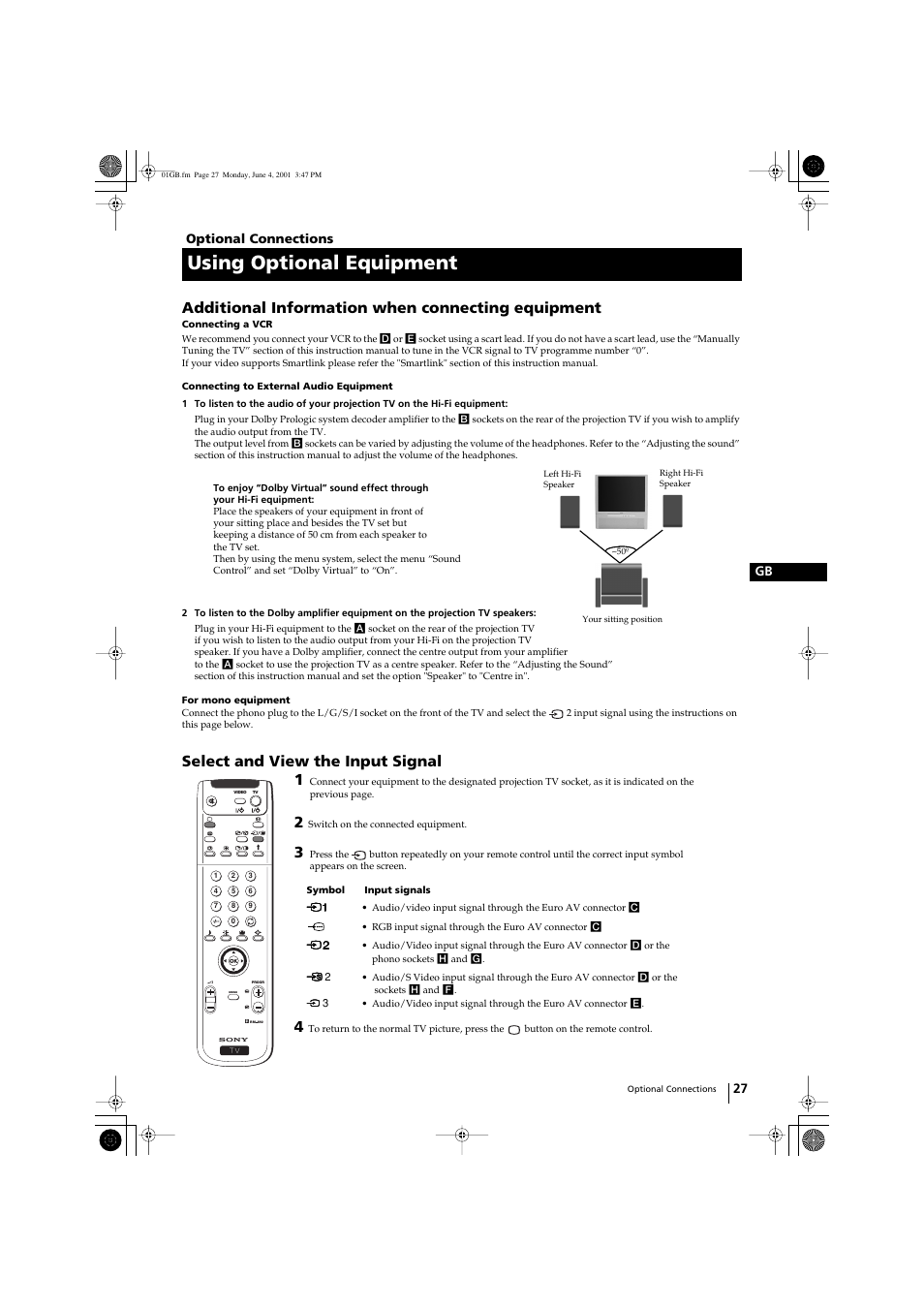 Using optional equipment, Additional information when connecting equipment, Select and view the input signal | Sony KP-41PX1 User Manual | Page 26 / 224