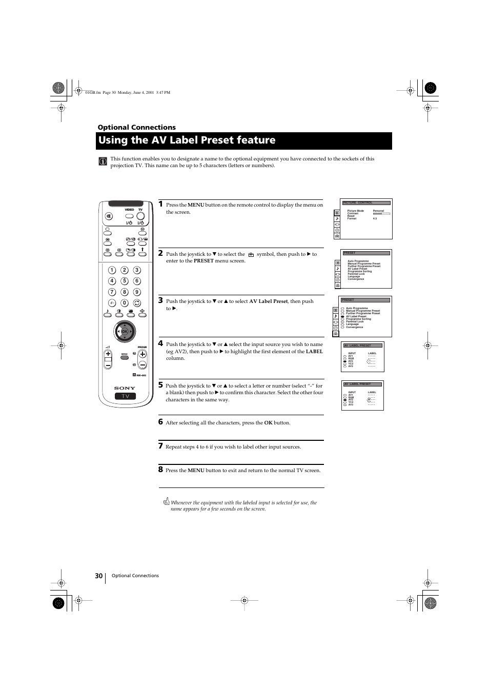 Using the av label preset feature, Optional connections | Sony KP-41PX1 User Manual | Page 29 / 224