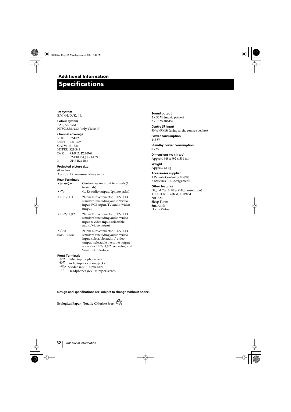 Specifications | Sony KP-41PX1 User Manual | Page 31 / 224