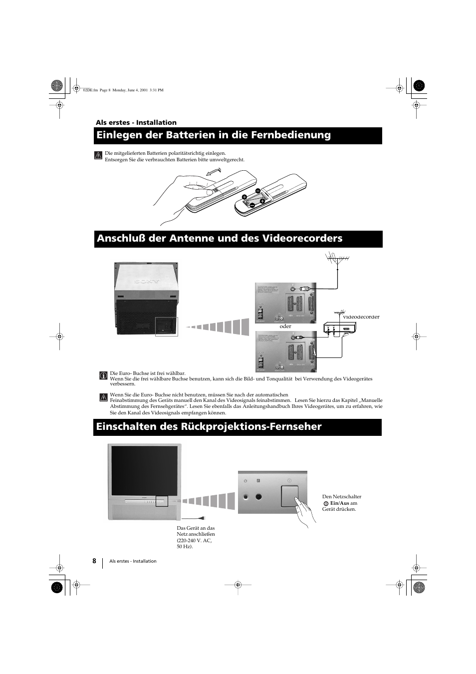 Einlegen der batterien in die fernbedienung | Sony KP-41PX1 User Manual | Page 38 / 224