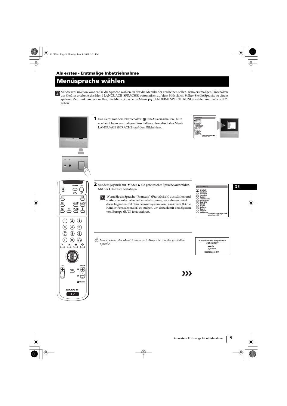 Menüsprache wählen, 9 de als erstes - erstmalige inbetriebnahme | Sony KP-41PX1 User Manual | Page 39 / 224