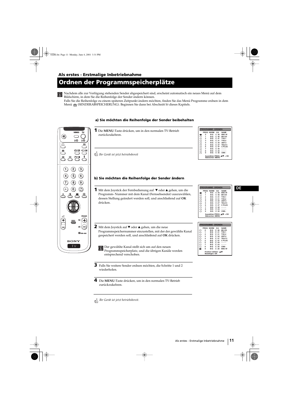 Ordnen der programmspeicherplätze, 11 de als erstes - erstmalige inbetriebnahme | Sony KP-41PX1 User Manual | Page 41 / 224