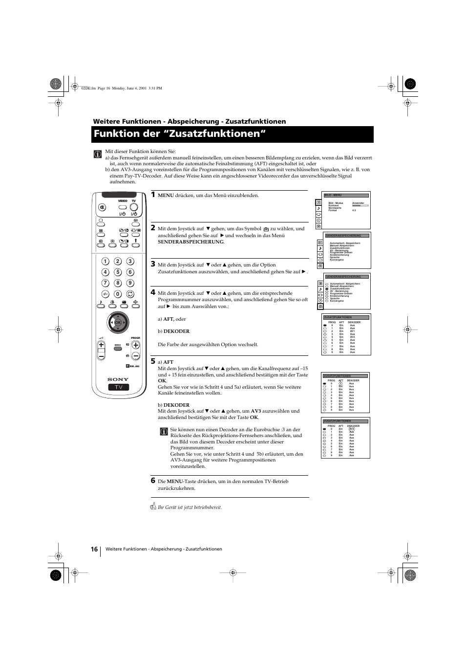 Funktion der “zusatzfunktionen | Sony KP-41PX1 User Manual | Page 46 / 224