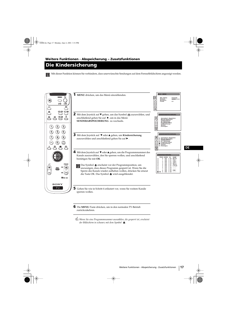 Die kindersicherung, 17 de | Sony KP-41PX1 User Manual | Page 47 / 224