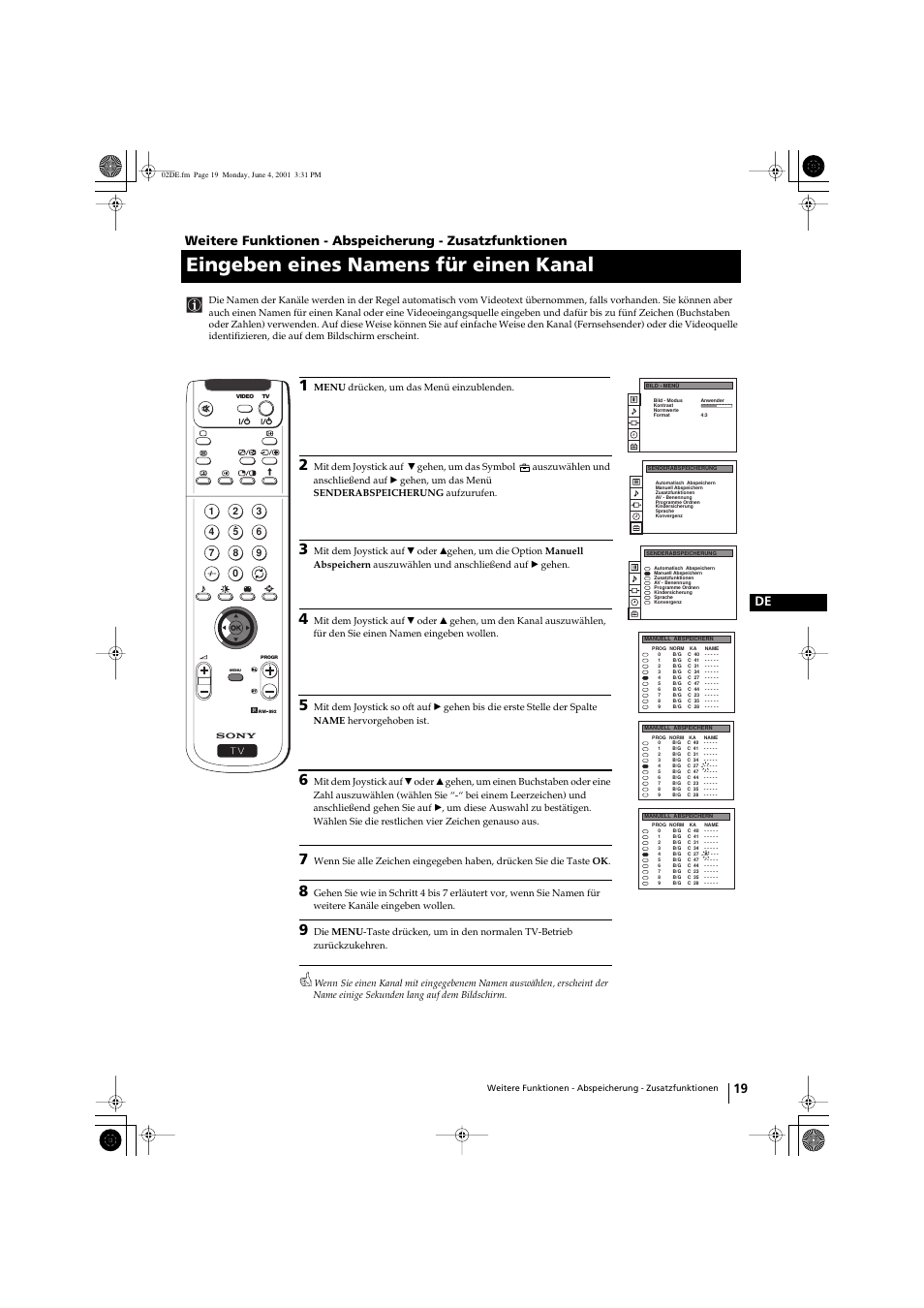 Eingeben eines namens für einen kanal, 19 de | Sony KP-41PX1 User Manual | Page 49 / 224