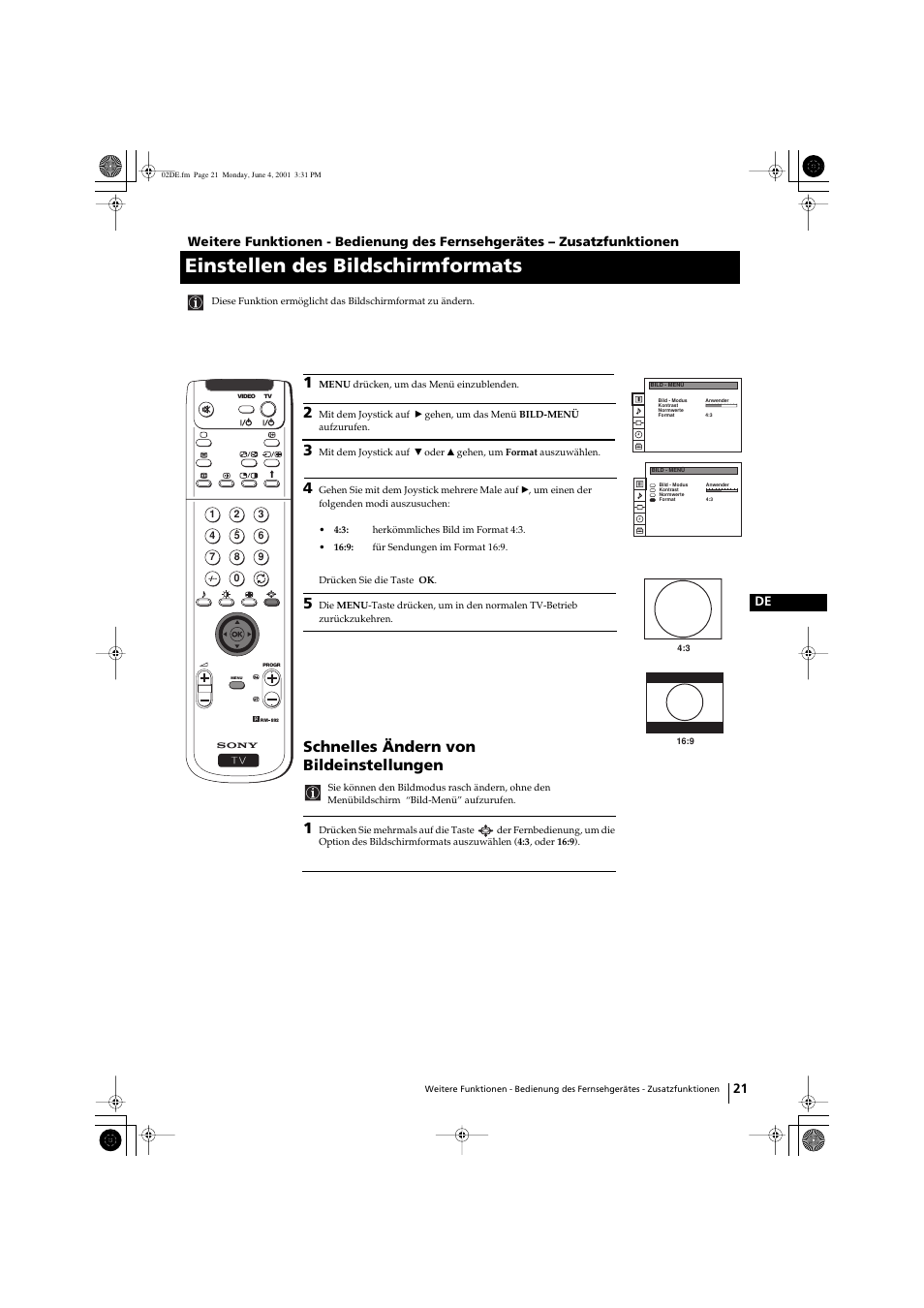 Einstellen des bildschirmformats, Schnelles ändern von bildeinstellungen | Sony KP-41PX1 User Manual | Page 51 / 224