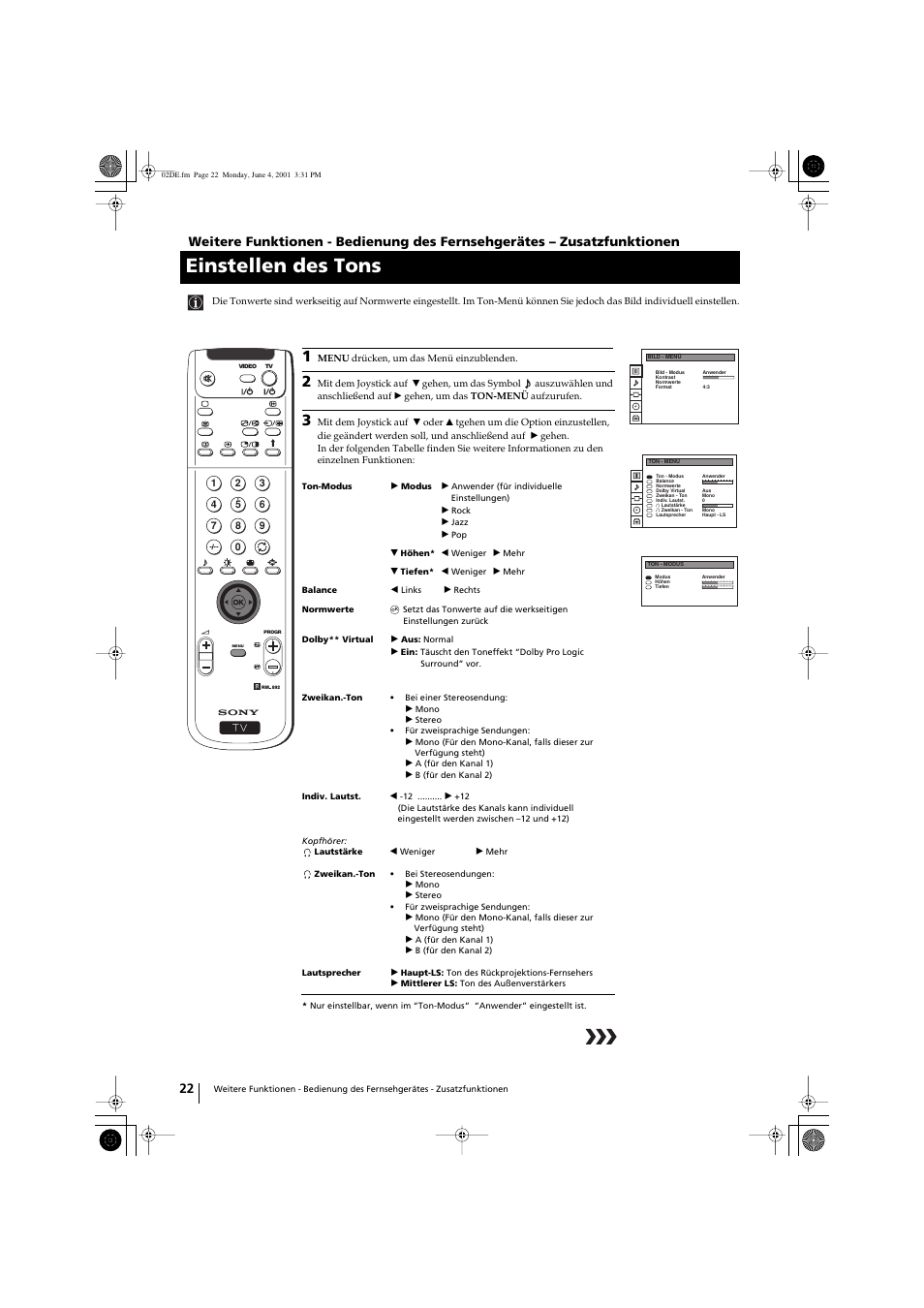 Einstellen des tons | Sony KP-41PX1 User Manual | Page 52 / 224