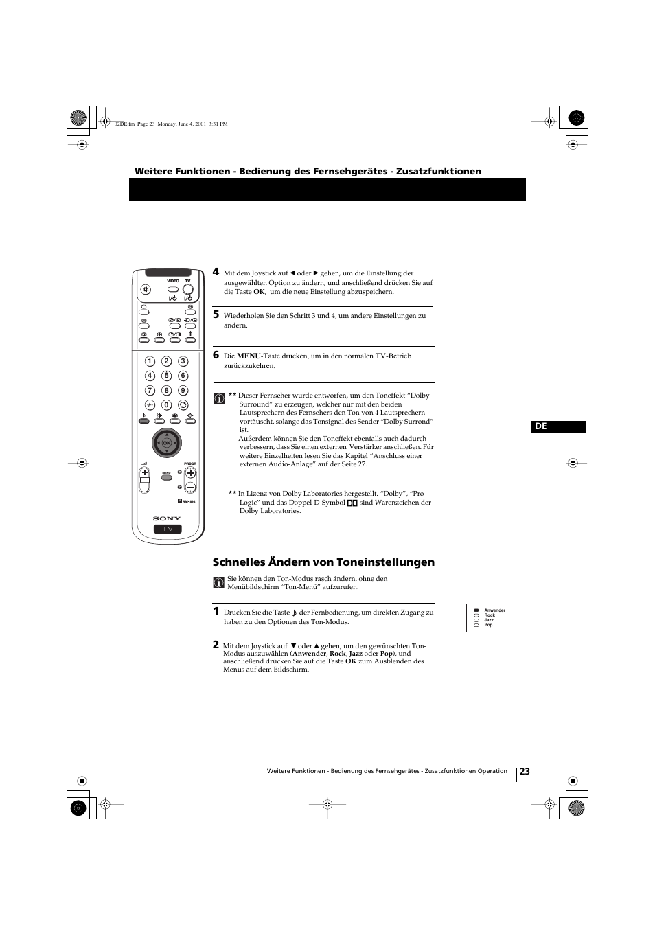 Schnelles ändern von toneinstellungen | Sony KP-41PX1 User Manual | Page 53 / 224