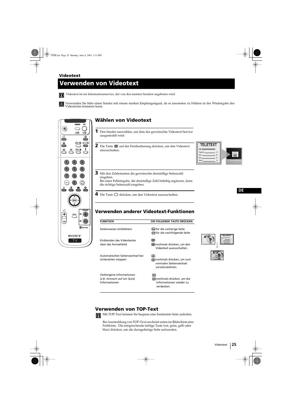 Verwenden von videotext, Wählen von videotext 1, Verwenden anderer videotext-funktionen | Verwenden von top-text, Index, 25 de videotext, Teletext | Sony KP-41PX1 User Manual | Page 55 / 224