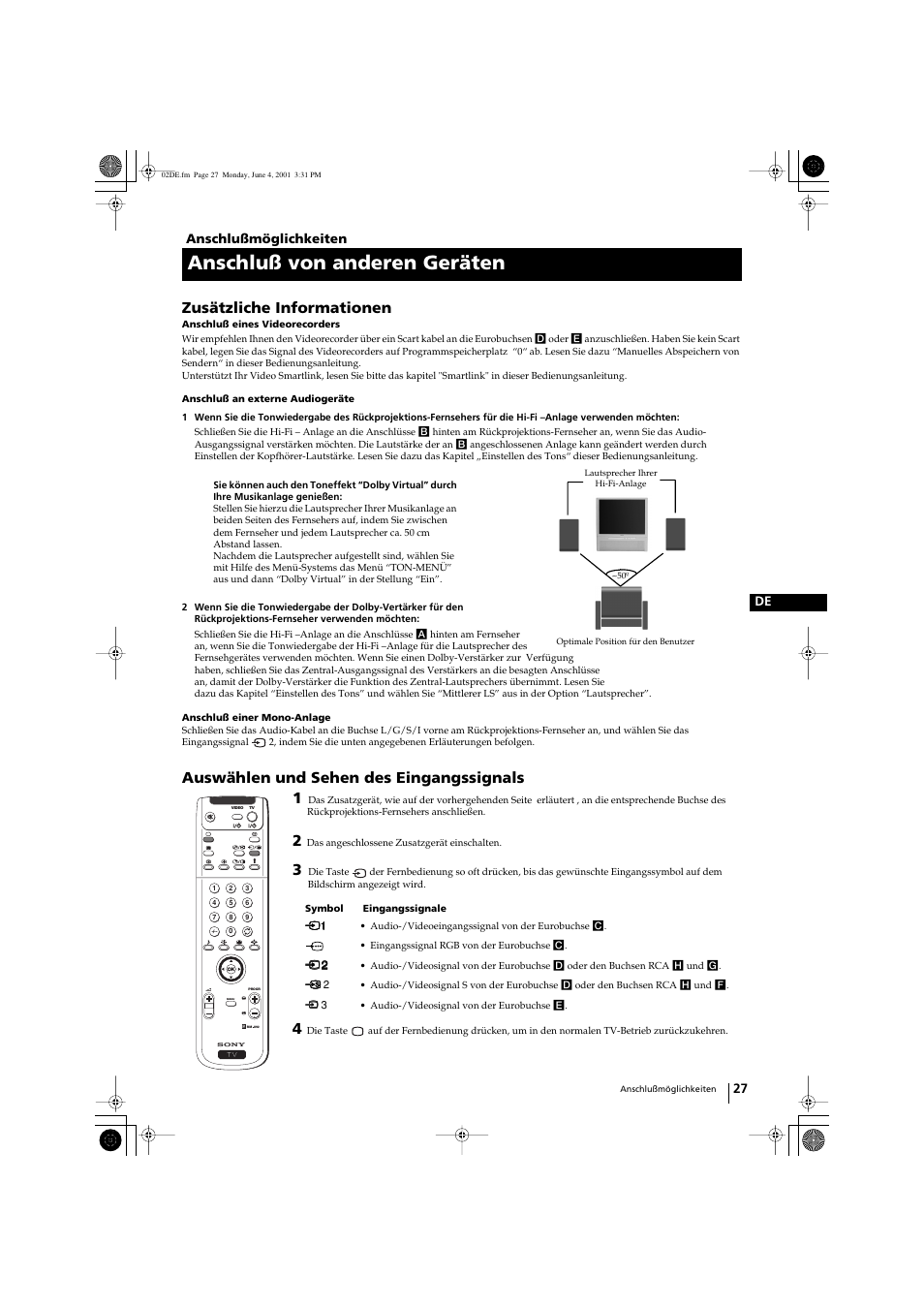 Anschluß von anderen geräten, Zusätzliche informationen, Auswählen und sehen des eingangssignals | Sony KP-41PX1 User Manual | Page 57 / 224