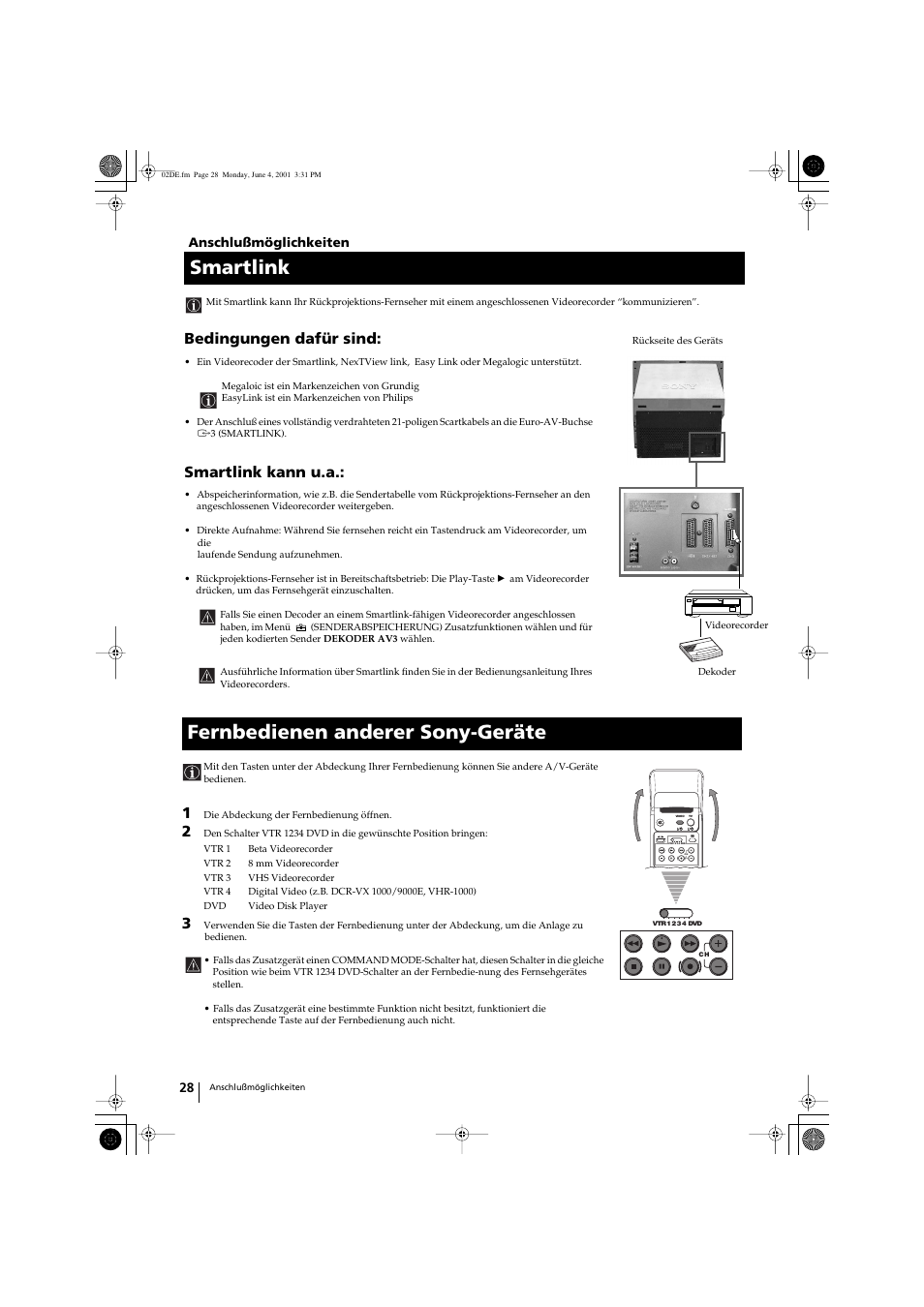 Smartlink, Fernbedienen anderer sony-geräte, Bedingungen dafür sind | Smartlink kann u.a | Sony KP-41PX1 User Manual | Page 58 / 224