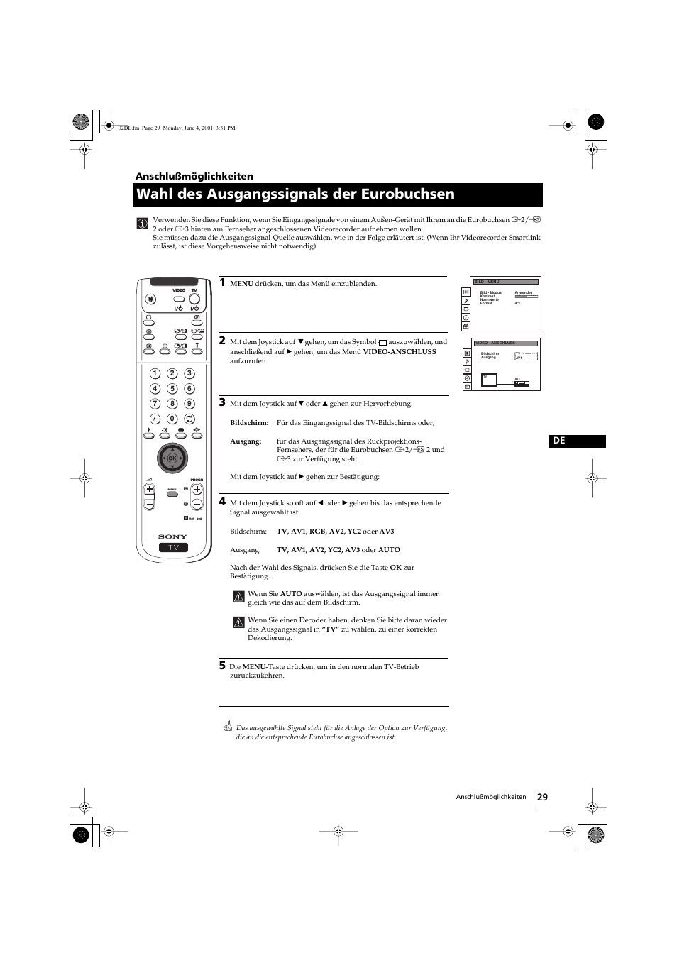 Wahl des ausgangssignals der eurobuchsen, 29 de, Anschlußmöglichkeiten | Sony KP-41PX1 User Manual | Page 59 / 224