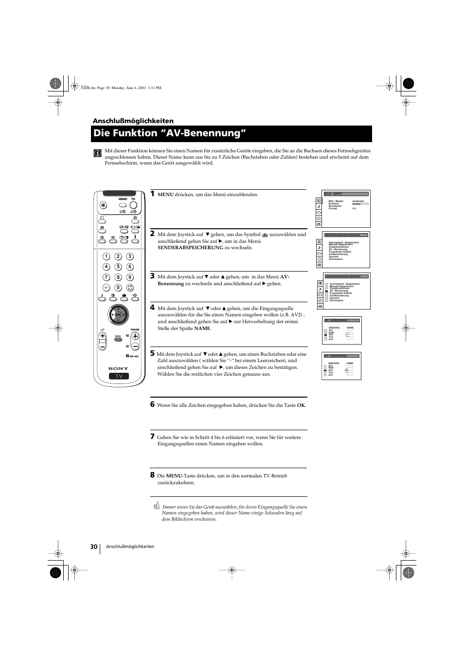 Die funktion “av-benennung, Anschlußmöglichkeiten | Sony KP-41PX1 User Manual | Page 60 / 224