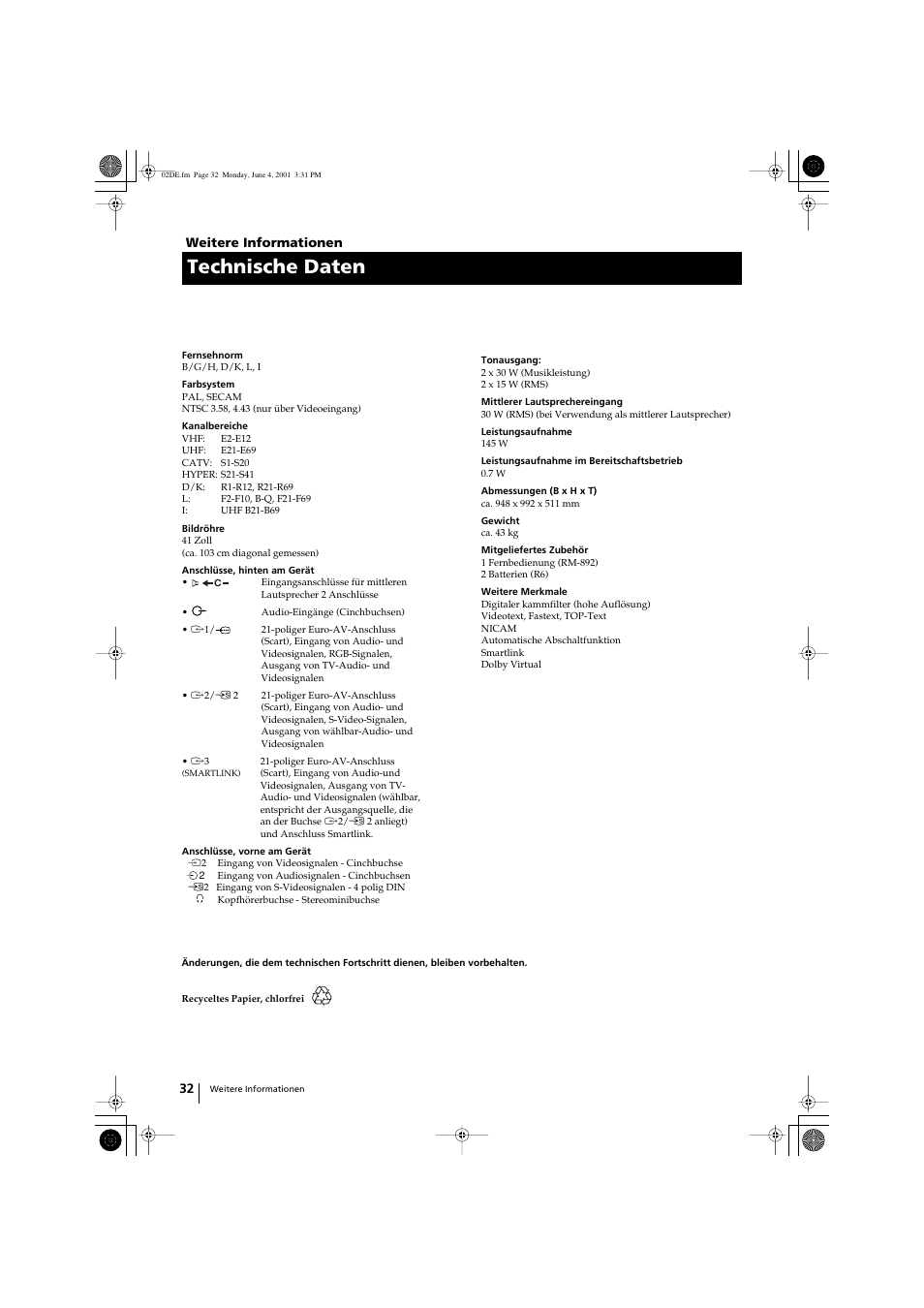 Technische daten | Sony KP-41PX1 User Manual | Page 62 / 224