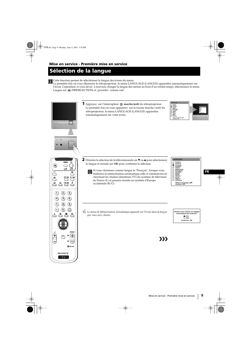 Sélection de la langue, 9 fr mise en service - première mise en service | Sony KP-41PX1 User Manual | Page 71 / 224