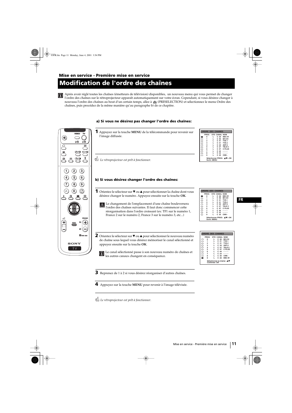 Modification de l'ordre des chaînes, 11 fr mise en service - première mise en service | Sony KP-41PX1 User Manual | Page 73 / 224