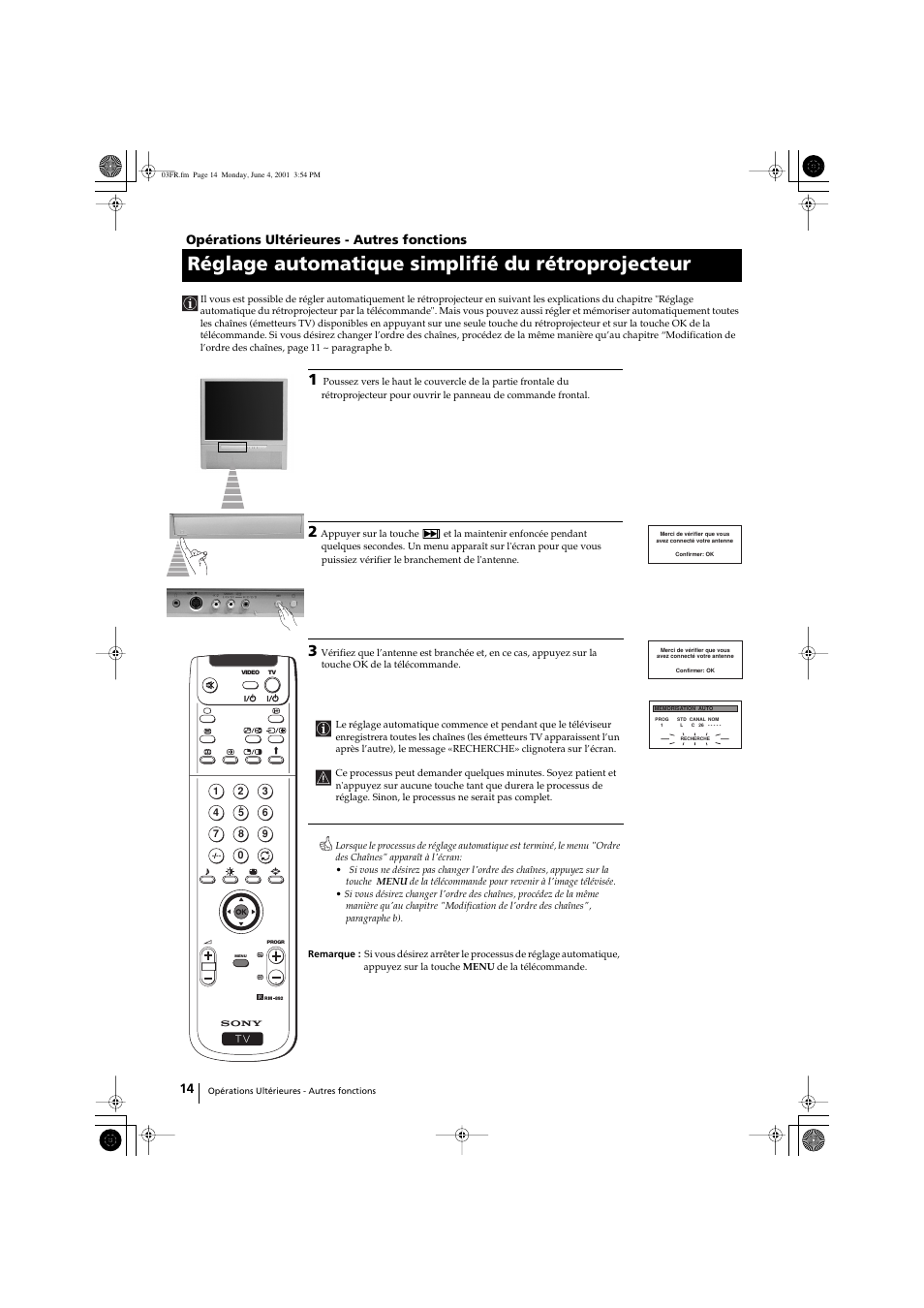 Réglage automatique simplifié du rétroprojecteur, 14 opérations ultérieures - autres fonctions | Sony KP-41PX1 User Manual | Page 76 / 224