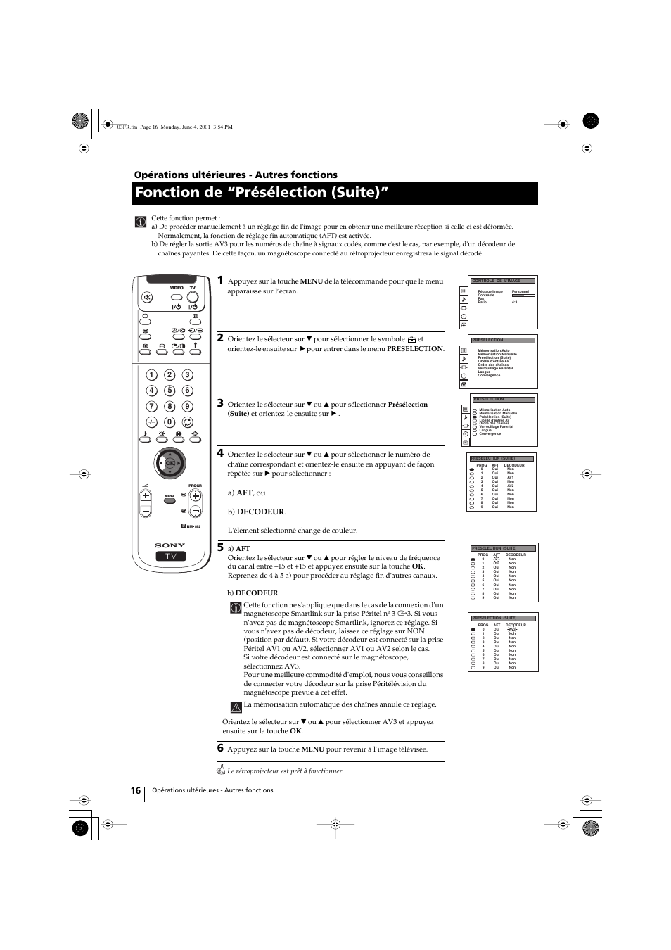 Fonction de “présélection (suite), Opérations ultérieures - autres fonctions | Sony KP-41PX1 User Manual | Page 78 / 224