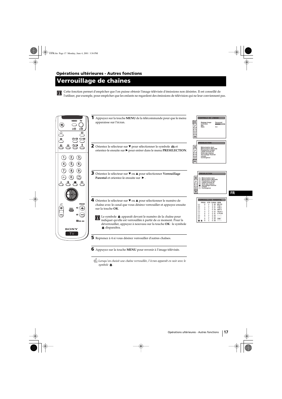 Verrouillage de chaînes, 17 fr, Opérations ultérieures - autres fonctions | Sony KP-41PX1 User Manual | Page 79 / 224