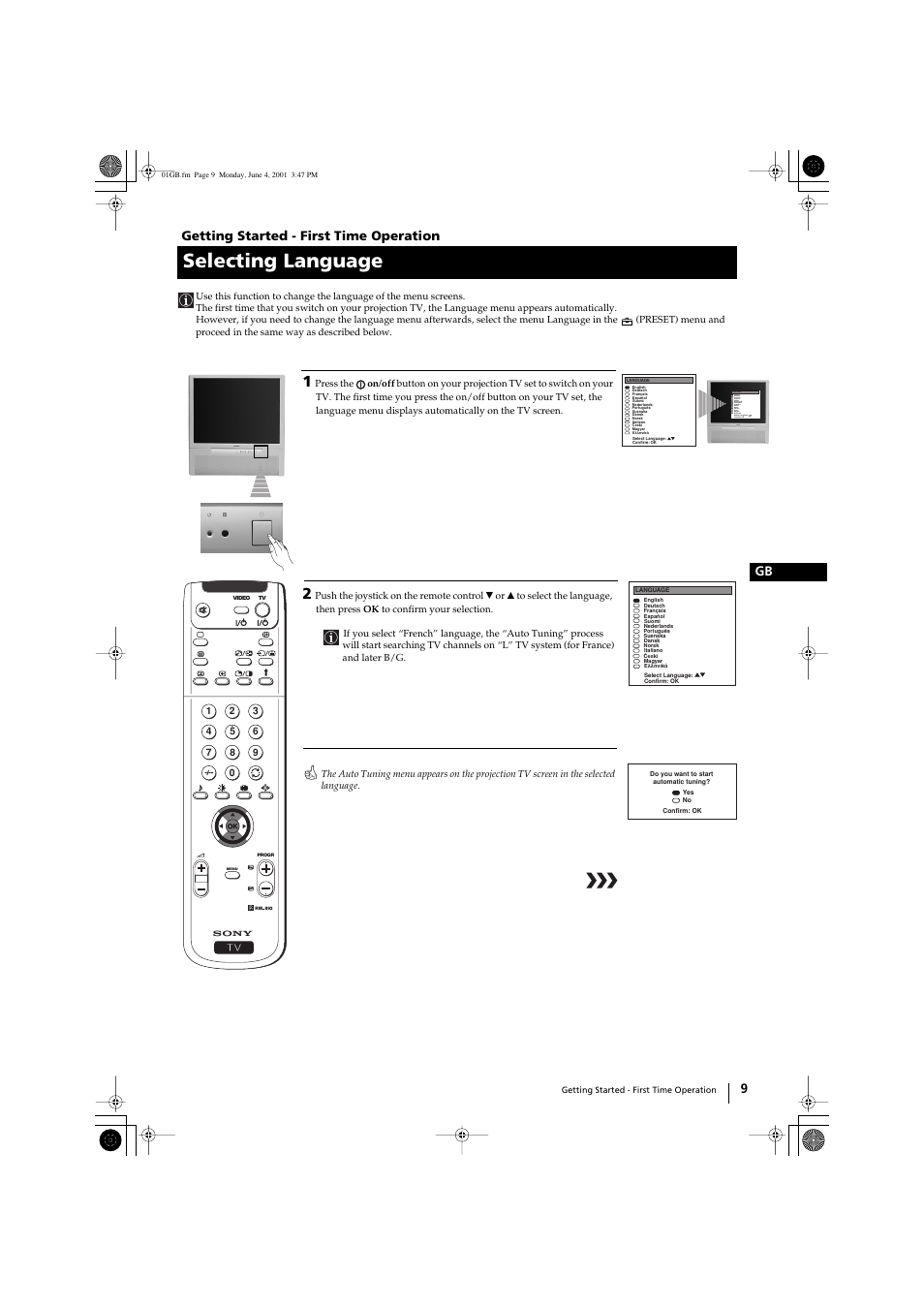 Selecting language, 9 gb getting started - first time operation | Sony KP-41PX1 User Manual | Page 8 / 224