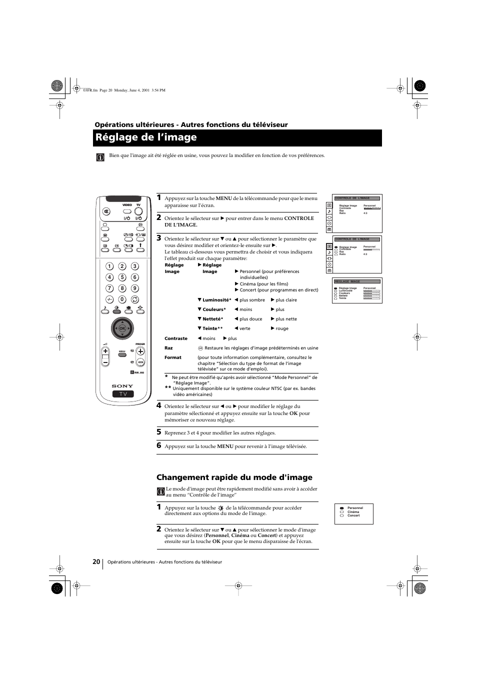 Réglage de l’image, Changement rapide du mode d'image | Sony KP-41PX1 User Manual | Page 82 / 224