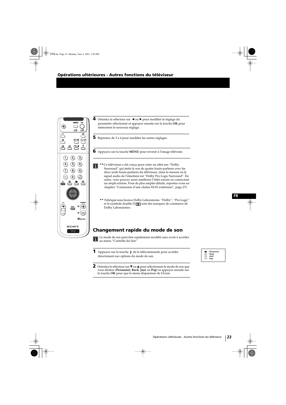 Changement rapide du mode de son | Sony KP-41PX1 User Manual | Page 85 / 224