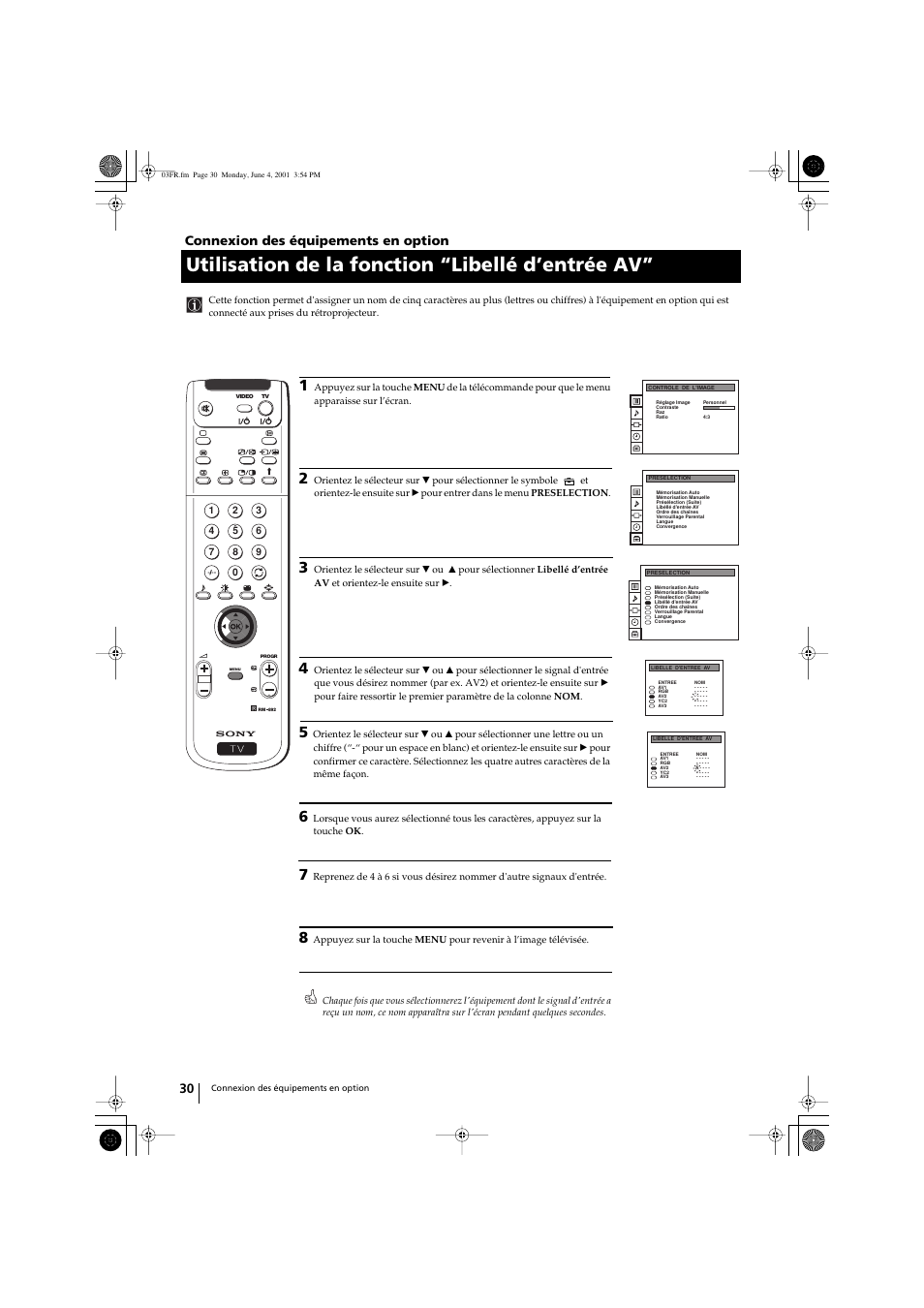 Utilisation de la fonction “libellé d’entrée av, Connexion des équipements en option | Sony KP-41PX1 User Manual | Page 92 / 224