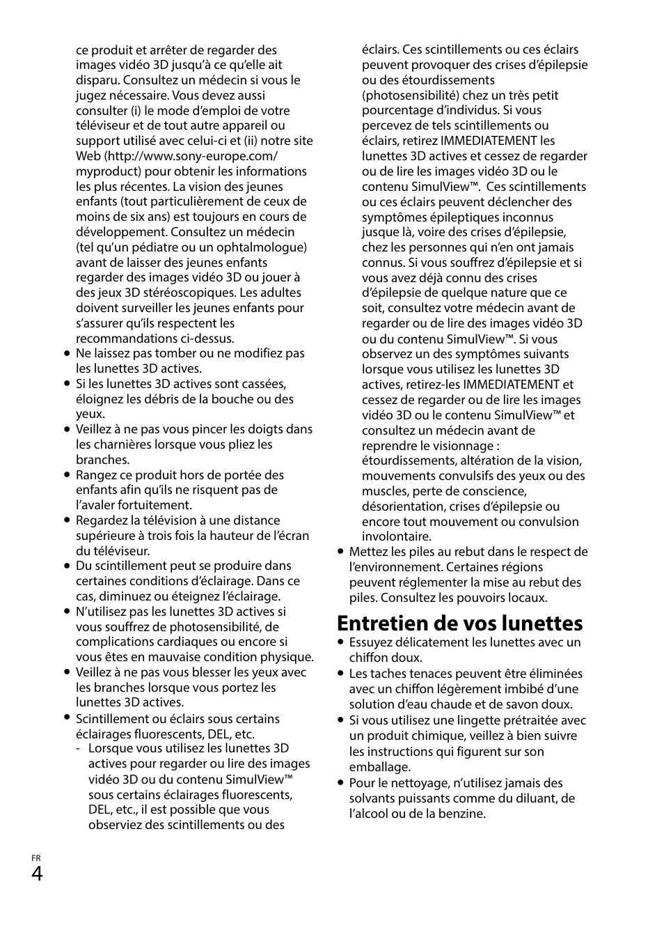 Entretien de vos lunettes | Sony TDG-BT400A User Manual | Page 10 / 128