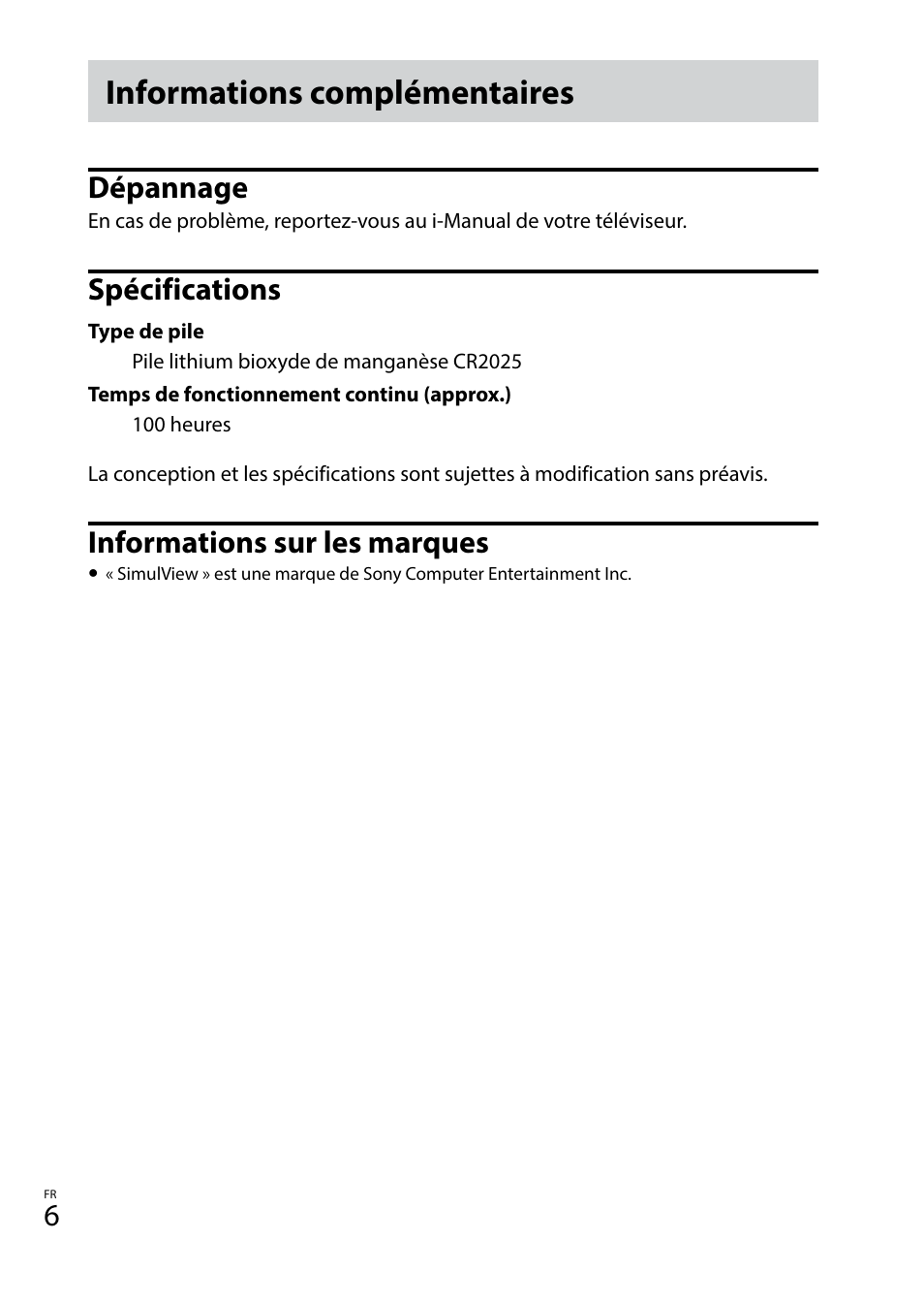 Informations complémentaires, Dépannage, Spécifications | Informations sur les marques | Sony TDG-BT400A User Manual | Page 12 / 128