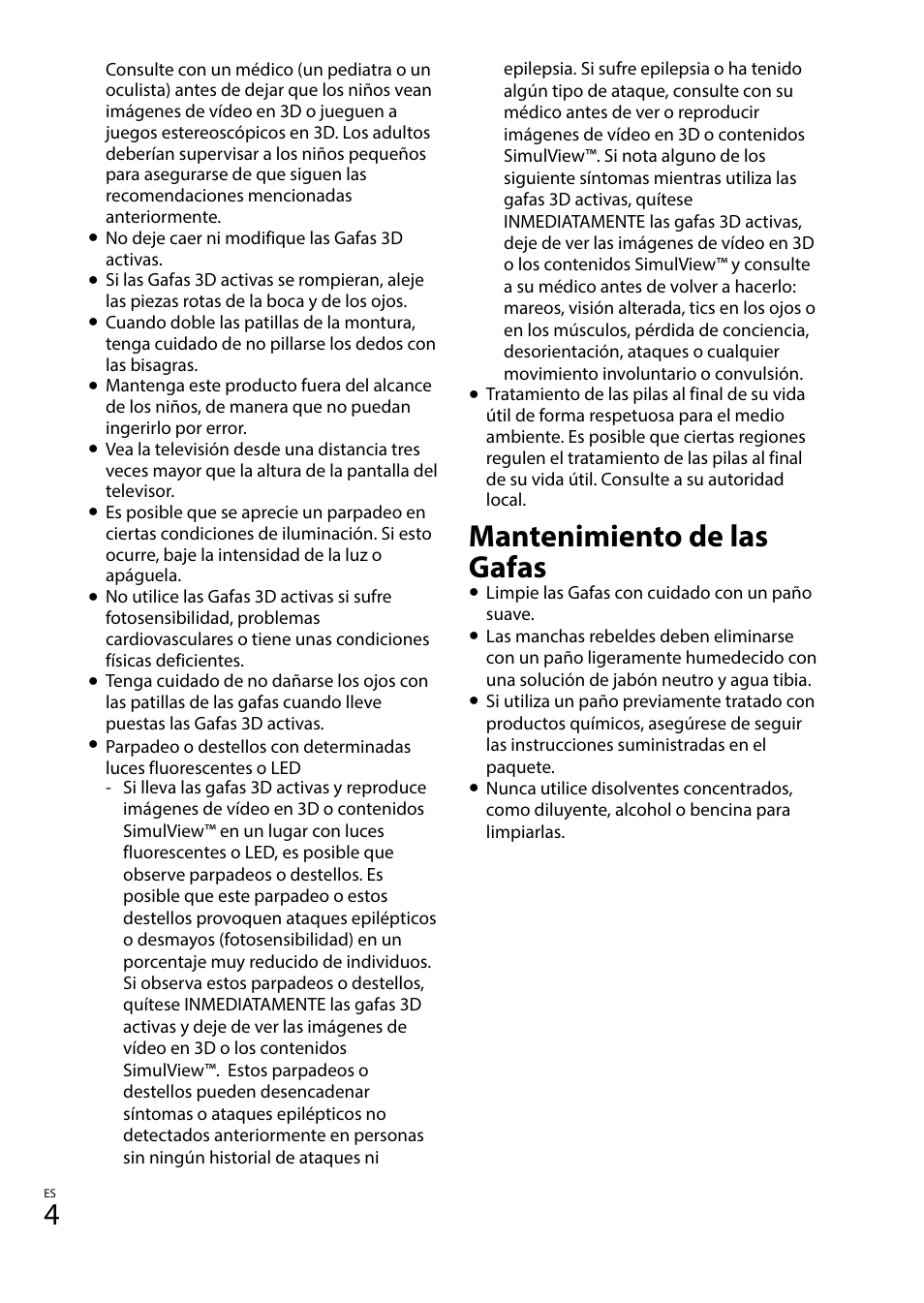 Mantenimiento de las gafas | Sony TDG-BT400A User Manual | Page 16 / 128