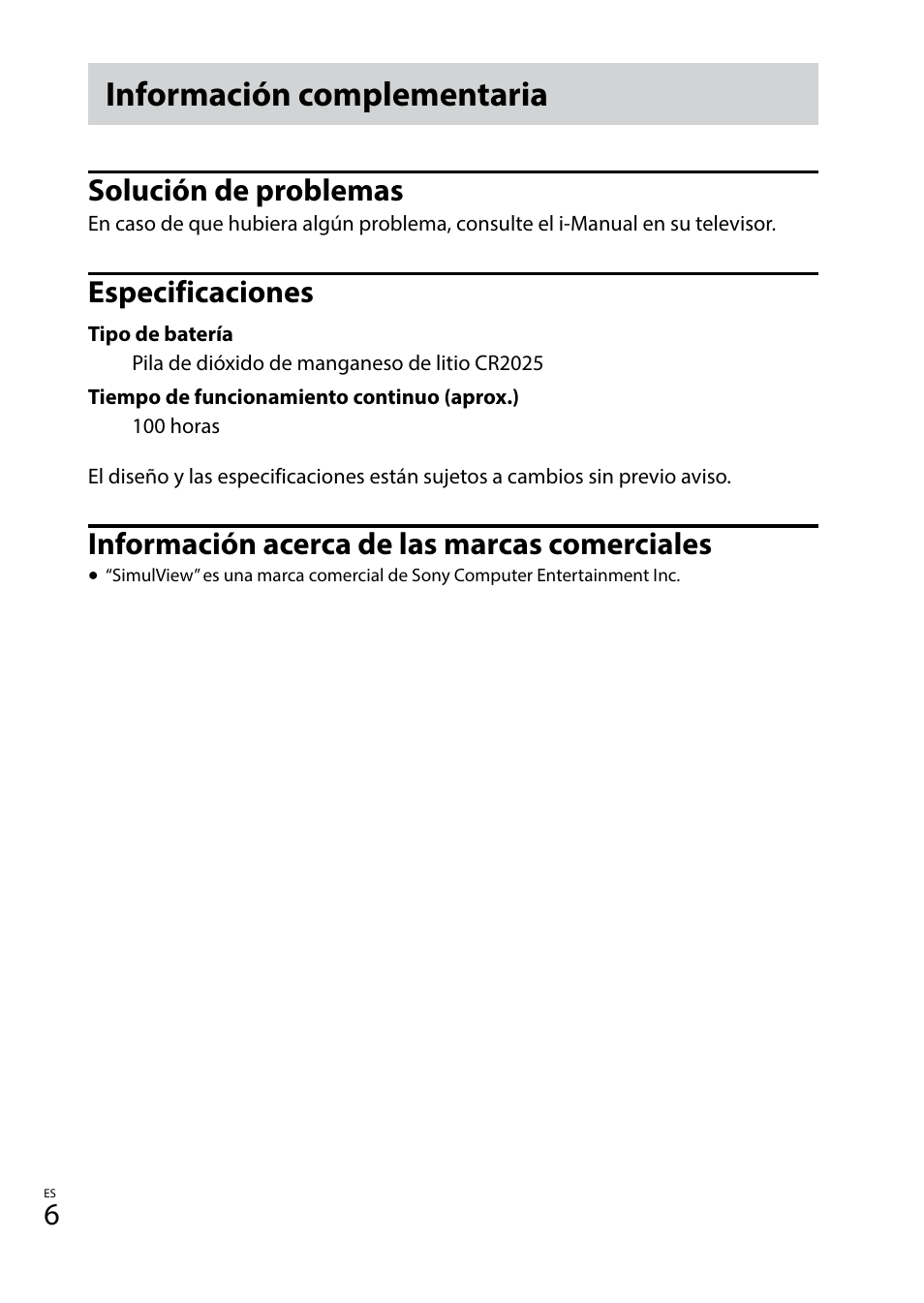 Información complementaria, Solución de problemas, Especificaciones | Información acerca de las marcas comerciales | Sony TDG-BT400A User Manual | Page 18 / 128