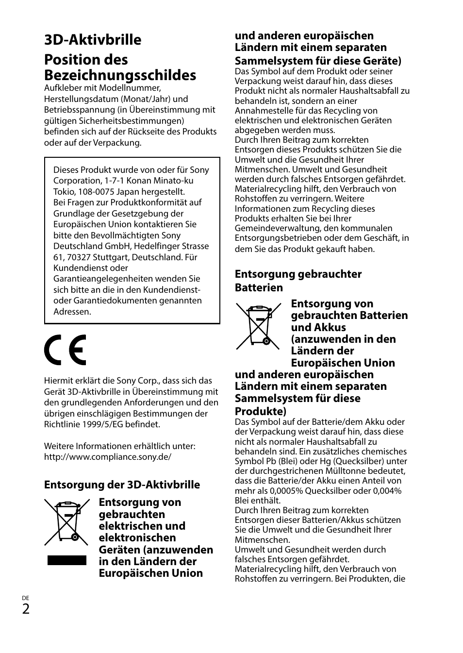 3d-aktivbrille position des bezeichnungsschildes | Sony TDG-BT400A User Manual | Page 20 / 128