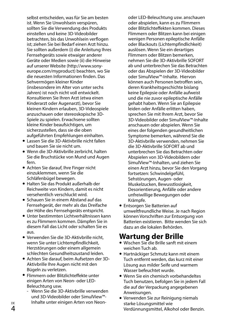 Wartung der brille | Sony TDG-BT400A User Manual | Page 22 / 128