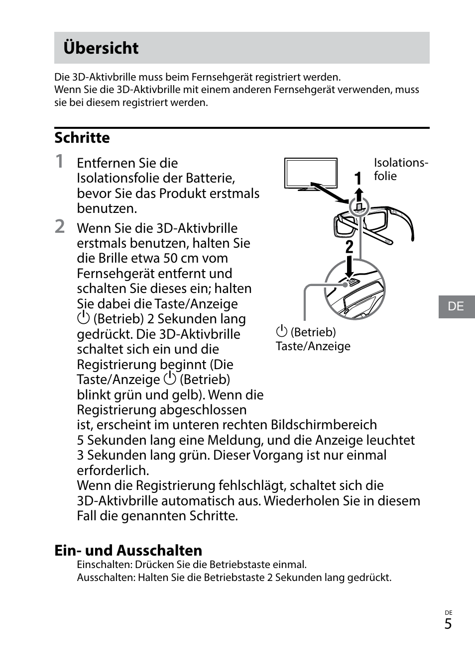 Übersicht, Schritte, Ein- und ausschalten | Sony TDG-BT400A User Manual | Page 23 / 128