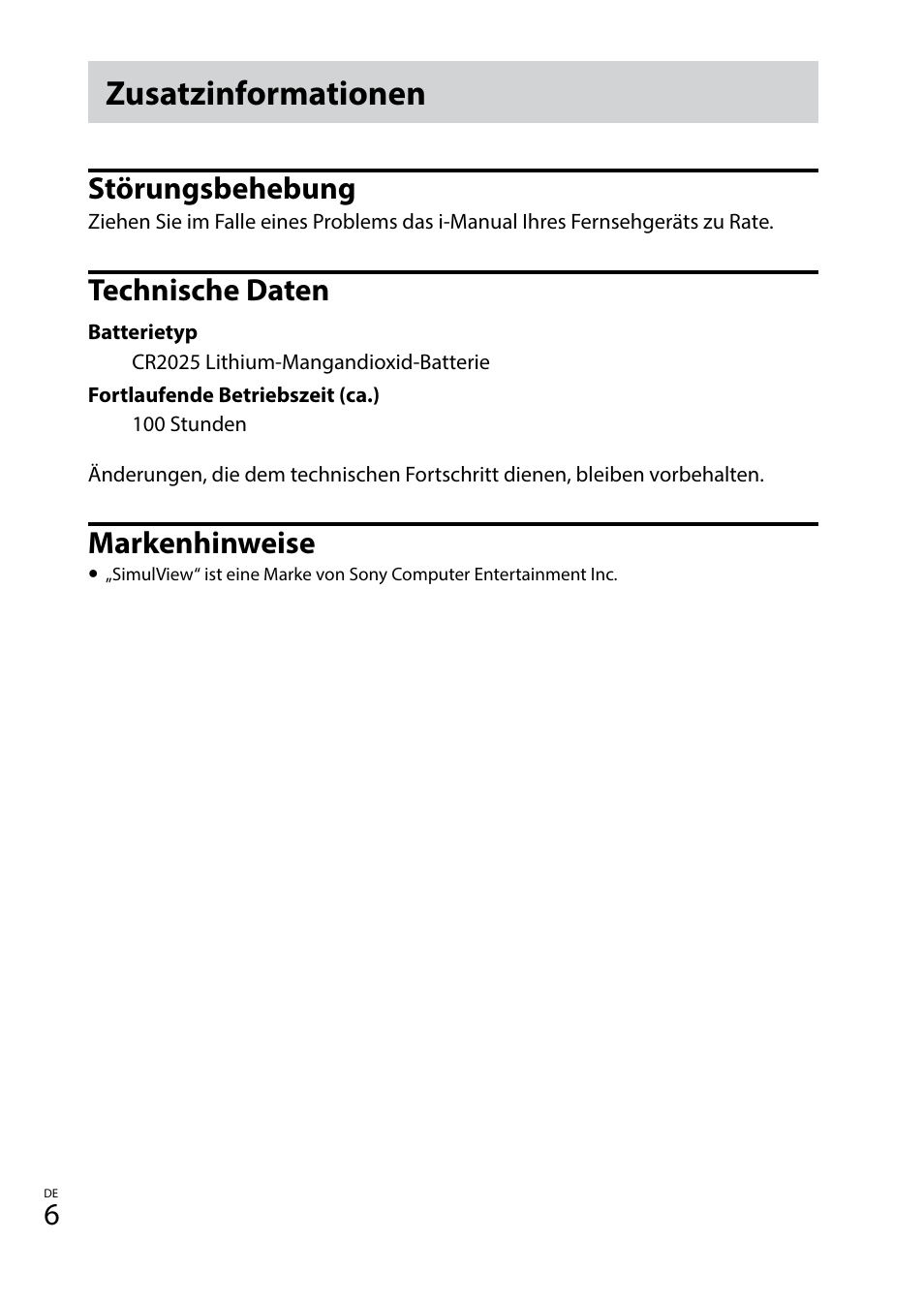 Zusatzinformationen, Störungsbehebung, Technische daten | Markenhinweise | Sony TDG-BT400A User Manual | Page 24 / 128