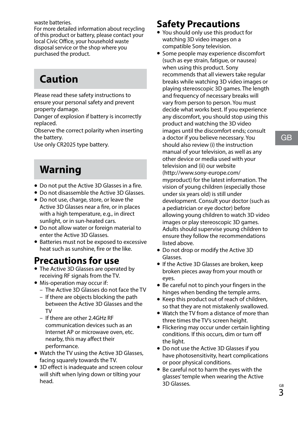 Caution, Warning, Safety precautions | Precautions for use | Sony TDG-BT400A User Manual | Page 3 / 128