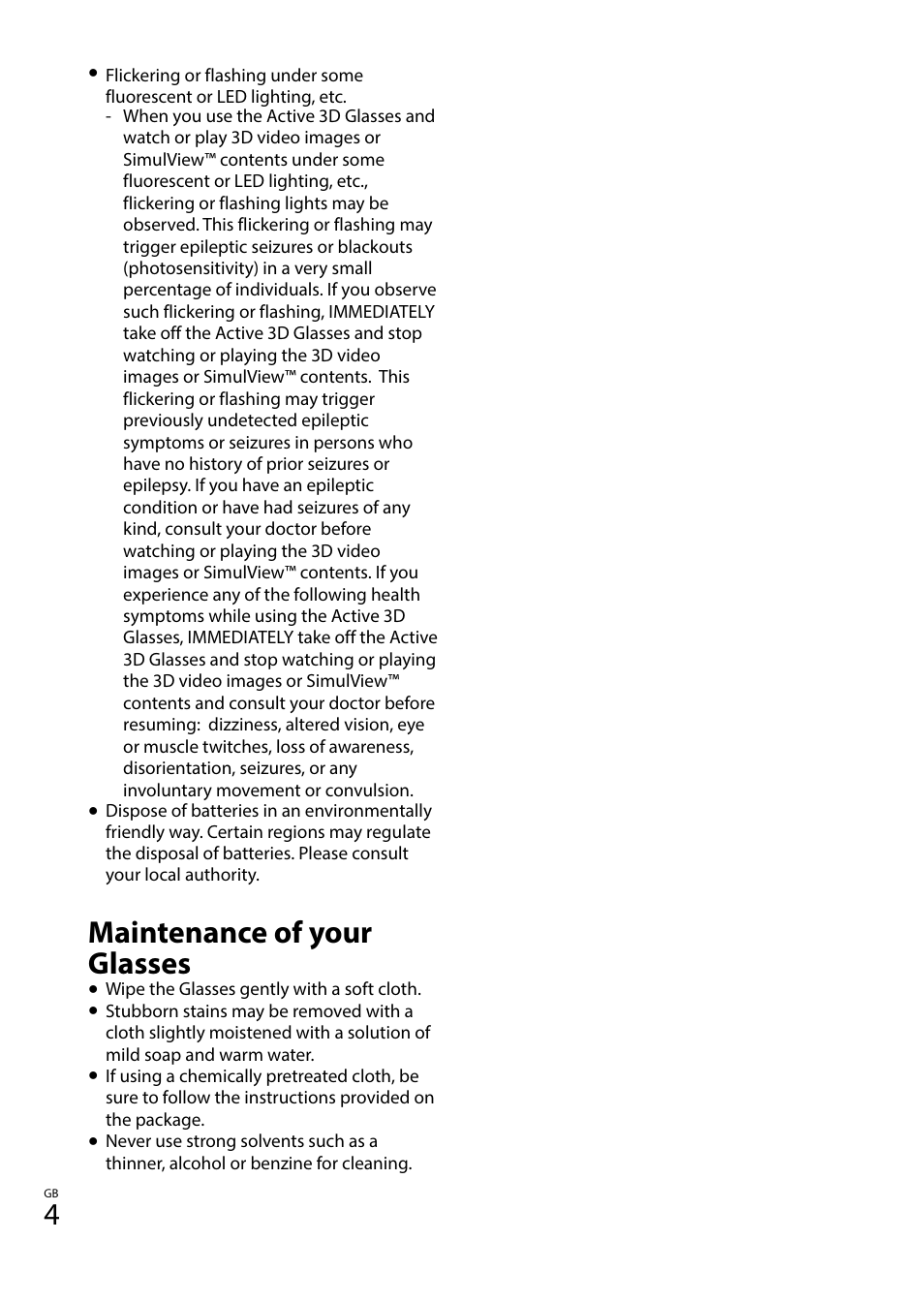 Maintenance of your glasses | Sony TDG-BT400A User Manual | Page 4 / 128