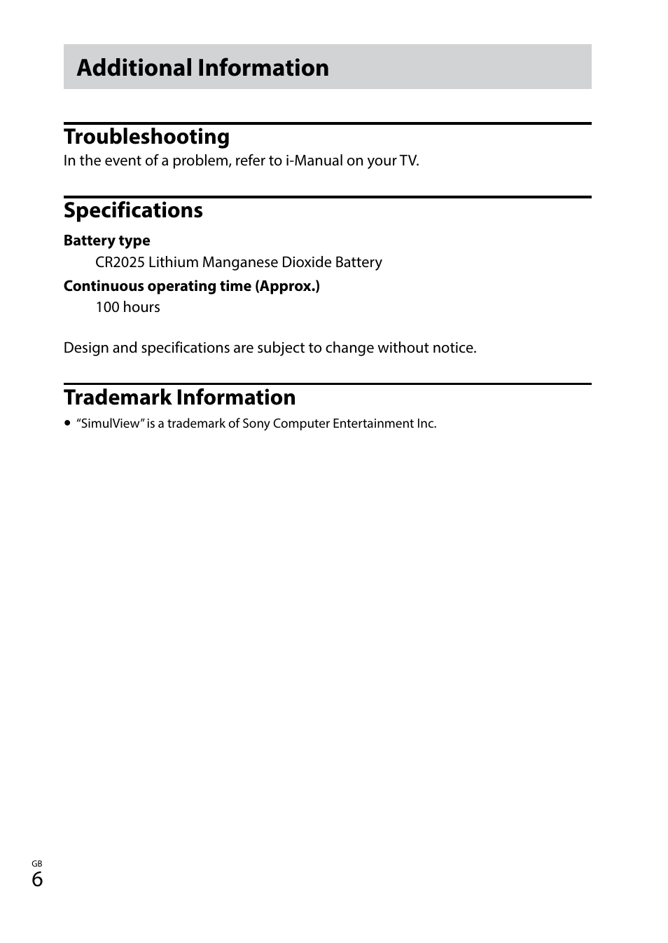 Additional information, Troubleshooting, Specifications | Trademark information | Sony TDG-BT400A User Manual | Page 6 / 128