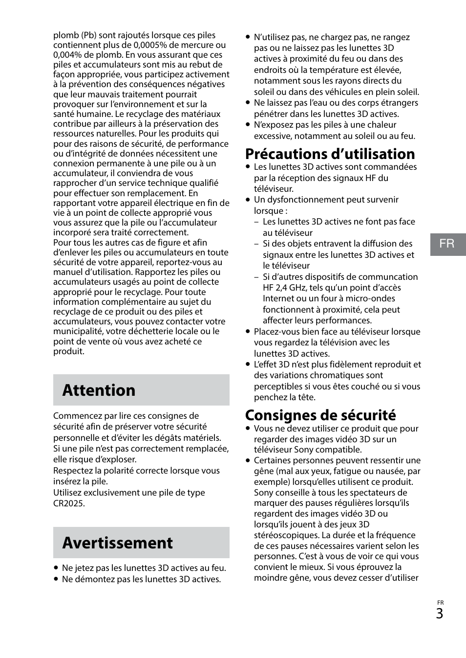 Attention, Avertissement, Précautions d’utilisation | Consignes de sécurité | Sony TDG-BT400A User Manual | Page 9 / 128