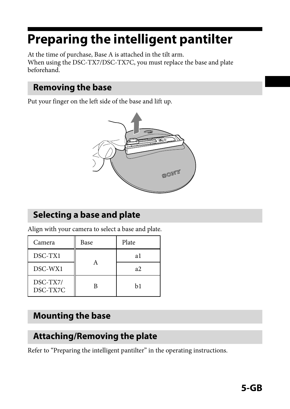 Preparing the intelligent pantilter, Removing the base, Selecting a base and plate | Mounting the base, Attaching/removing the plate, Mounting the base attaching/removing the plate | Sony IPT-DS1 User Manual | Page 10 / 73