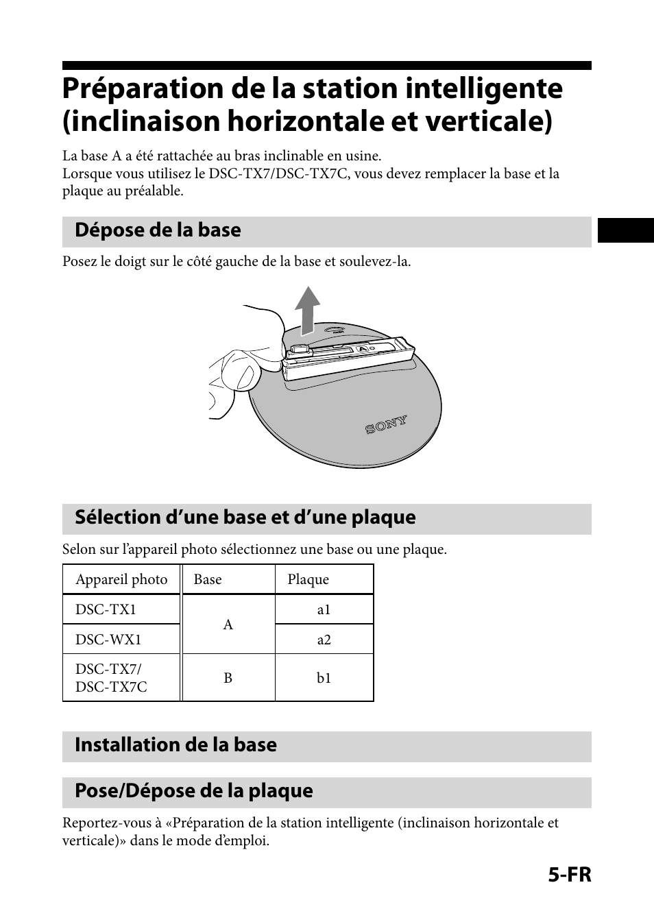 Dépose de la base, Sélection d’une base et d’une plaque, Installation de la base | Pose/dépose de la plaque, Préparation de la station intelligente, Inclinaison horizontale et verticale), Installation de la base pose/dépose de la plaque | Sony IPT-DS1 User Manual | Page 15 / 73