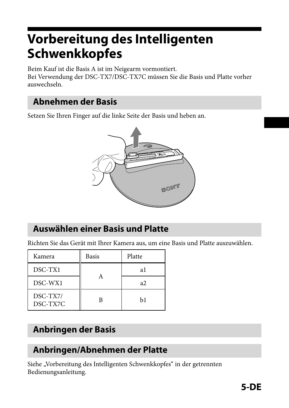 Vorbereitung des intelligentenschwenkkopfes, Abnehmen der basis, Auswählen einer basis und platte | Anbringen der basis, Anbringen/abnehmen der platte, Vorbereitung des intelligenten schwenkkopfes, Anbringen der basis anbringen/abnehmen der platte | Sony IPT-DS1 User Manual | Page 20 / 73