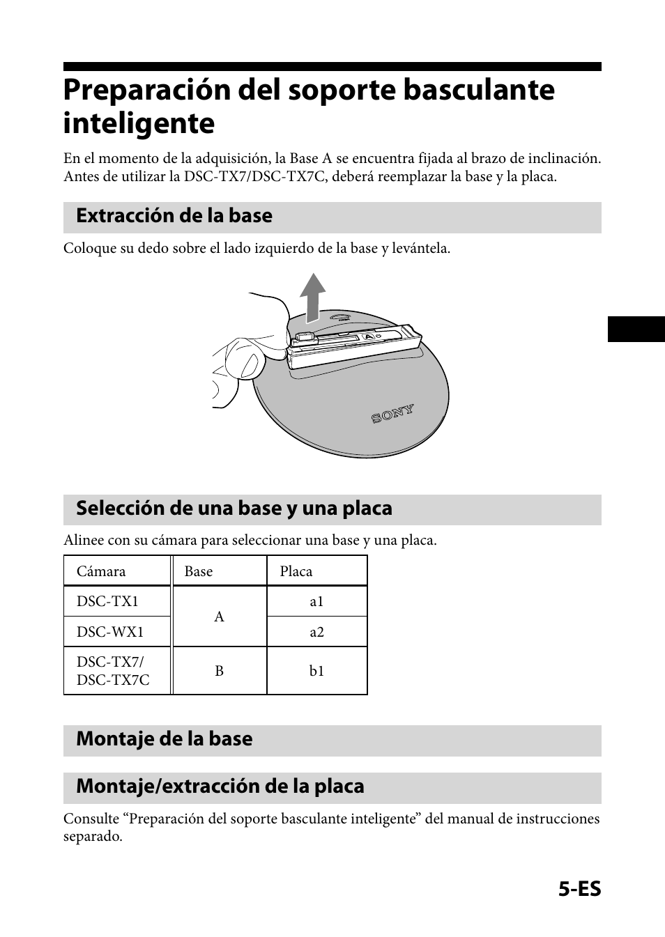 Preparación del soporte basculanteinteligente, Extracción de la base, Selección de una base y una placa | Montaje de la base, Montaje/extracción de la placa, Preparación del soporte basculante inteligente, Montaje de la base montaje/extracción de la placa | Sony IPT-DS1 User Manual | Page 25 / 73
